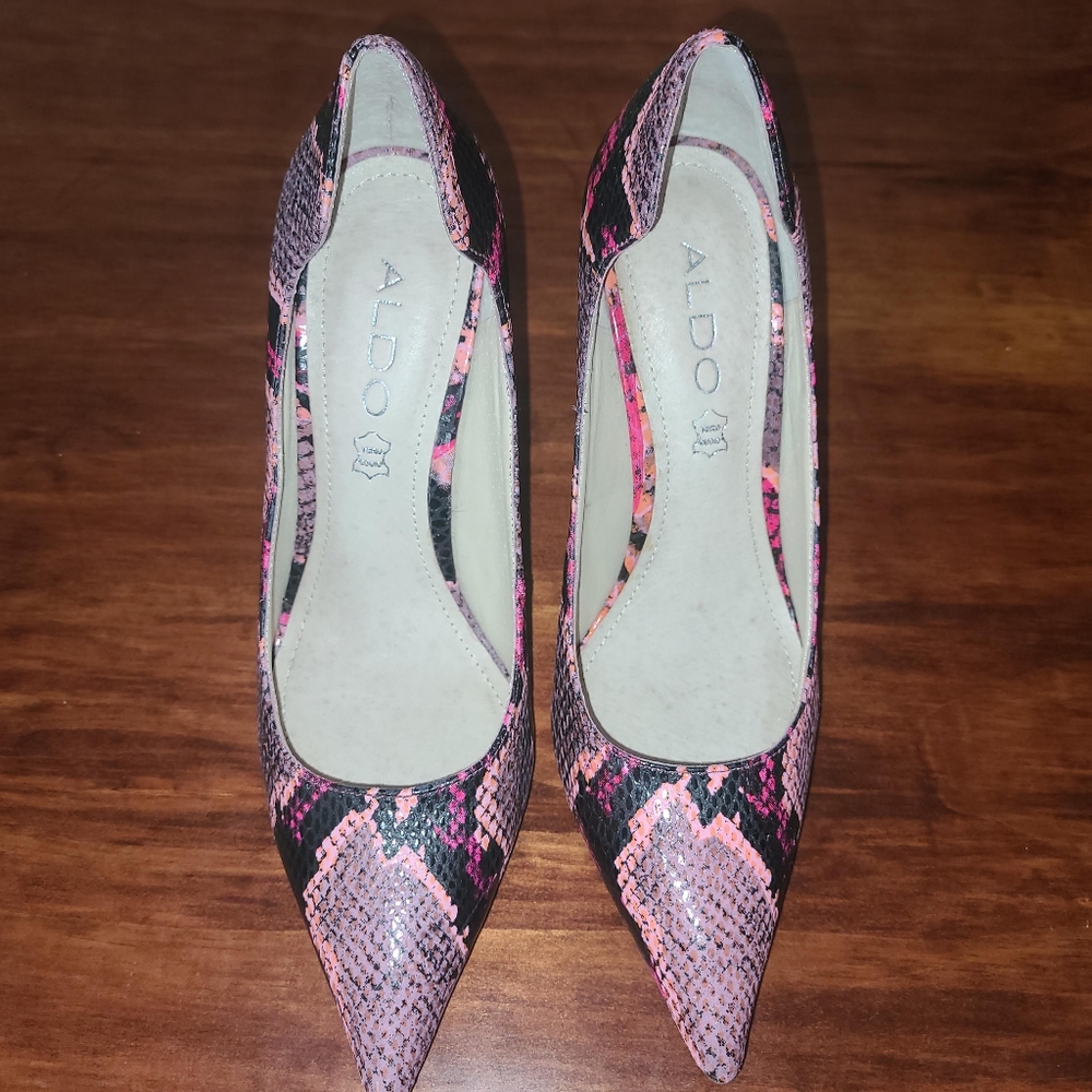 Aldo Derosa Sherbert Pink Snakeskin Leather Pointed Toe Pumps 4in Heels Sz 6